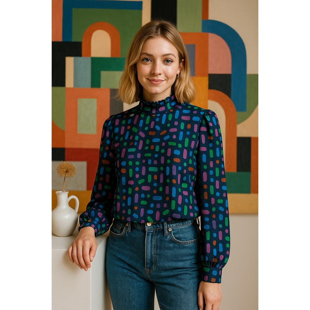 Vintage Geometric Art Blouse Memphis Print Dopamine Dressing Wearable Art Top Sm